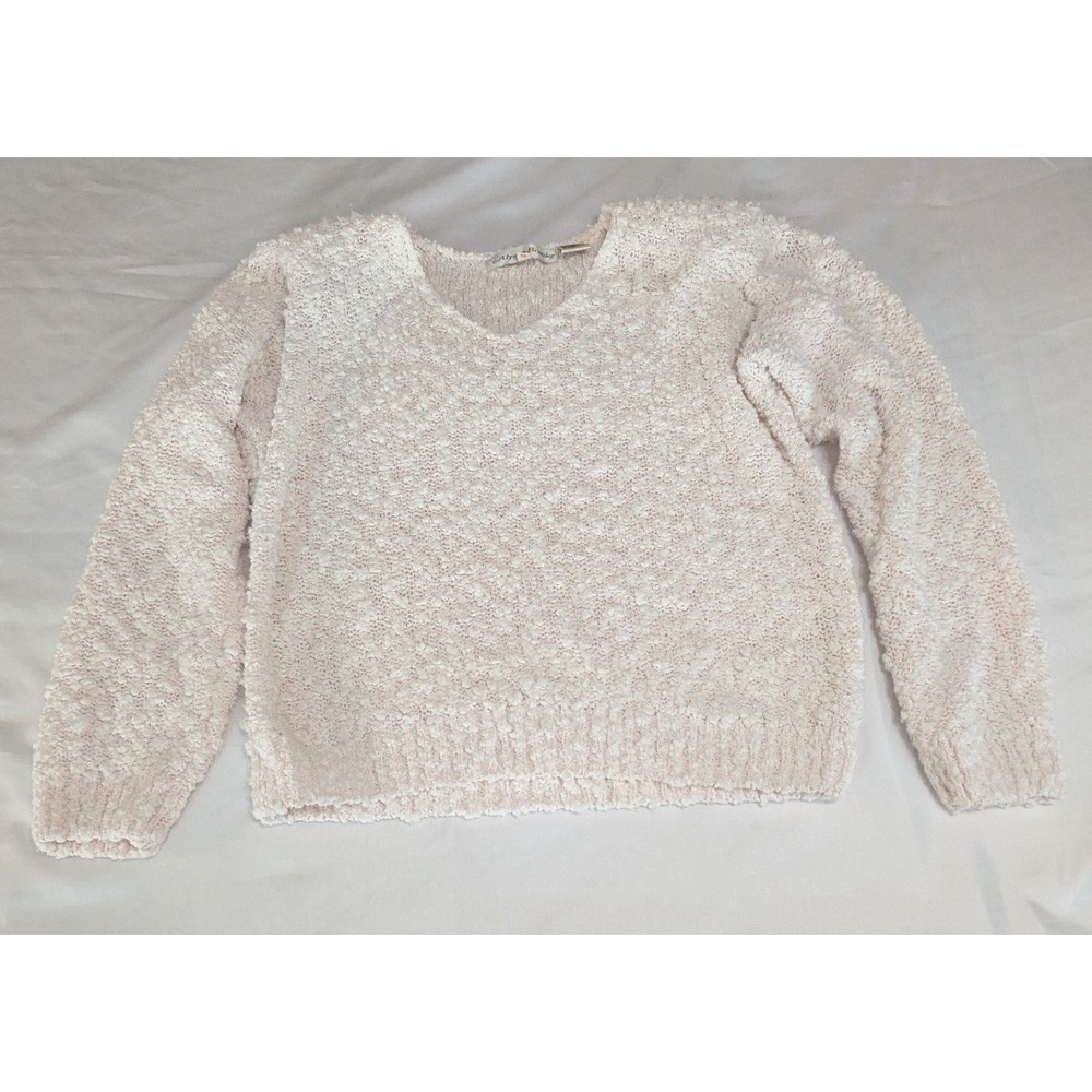 Alyssa Brooke Popcorn Knit Sweater Womens Medium Pink Cream V-Neck Pullover Soft